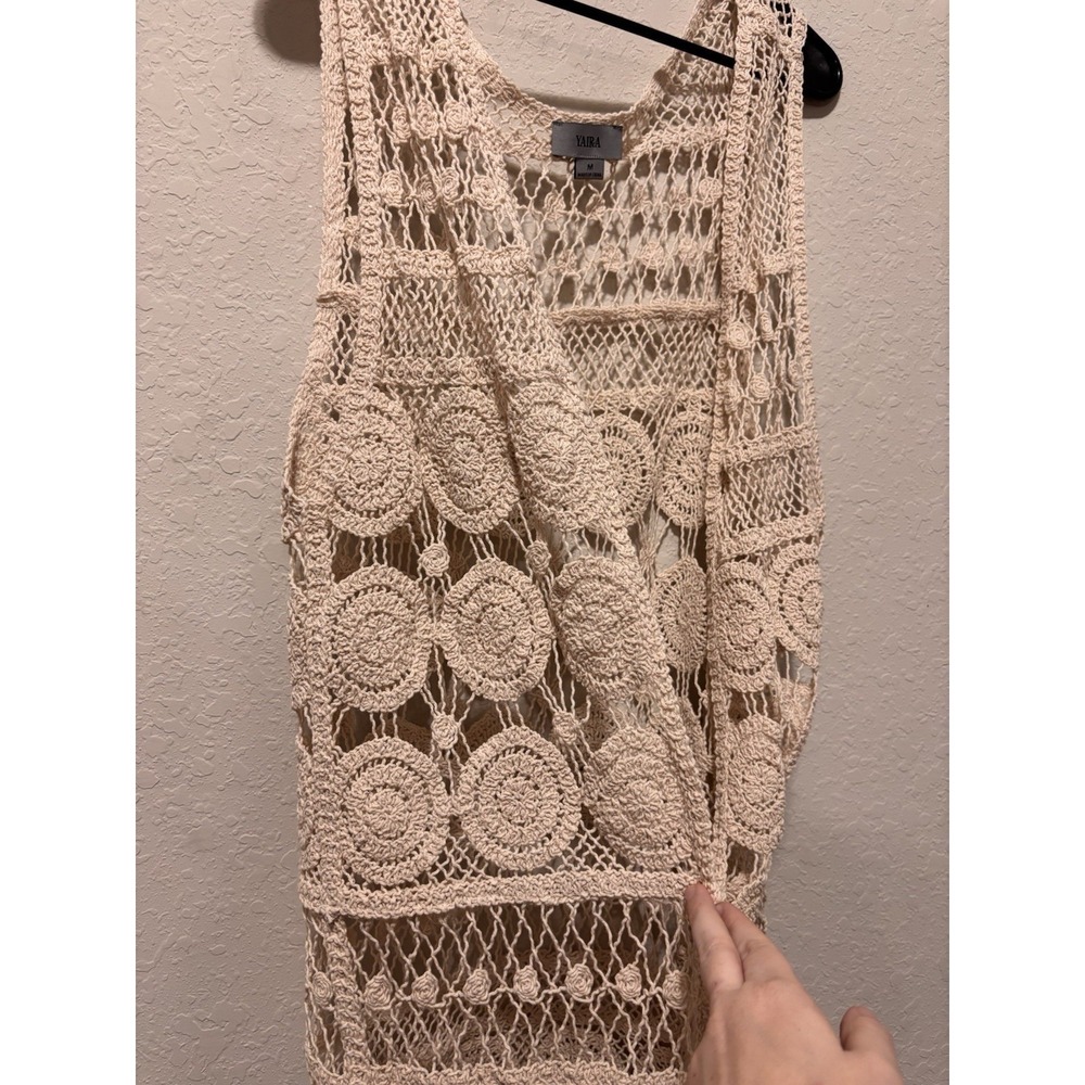 YAIRA Cotton Crochet Duster Open Front Cardigan Tank Top M Coastal Cottagecore - Picture 3 of 13